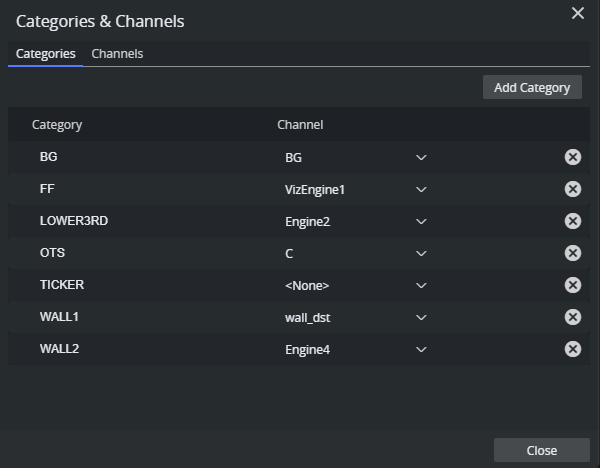 Categories and Channels dialog