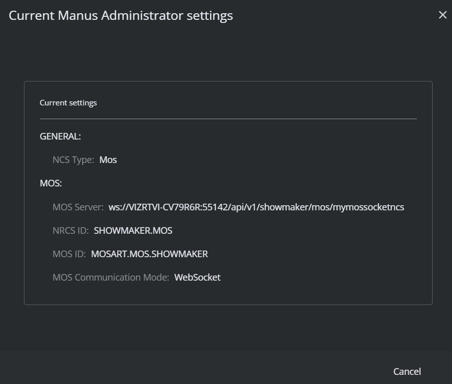 Current Settings for Manus Administrator